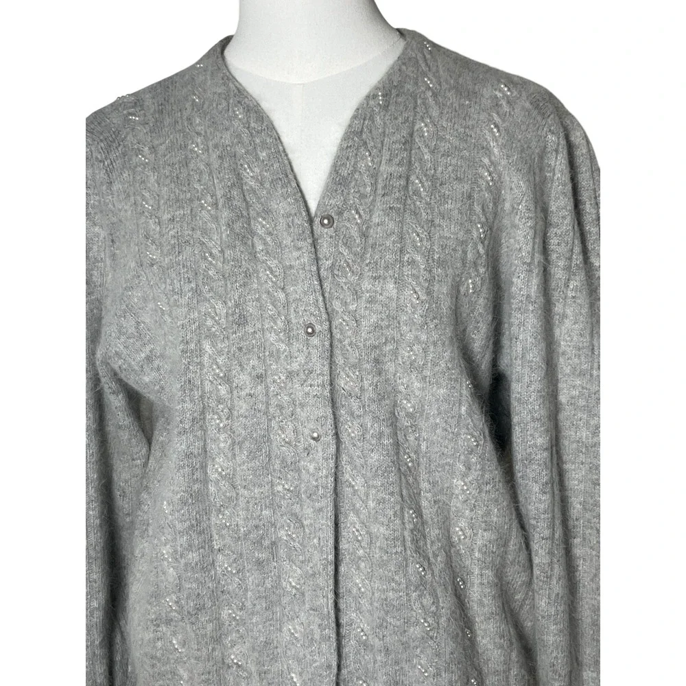 Vintage‎ Angora Lambswool Pearl Beaded Cable Knit Cardigan Gray Hong Kong S